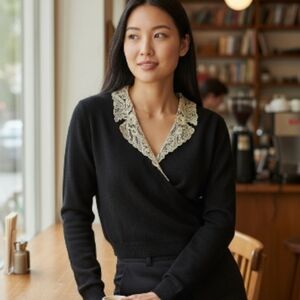 Together Black V-Neck Sweater with Lace Detail